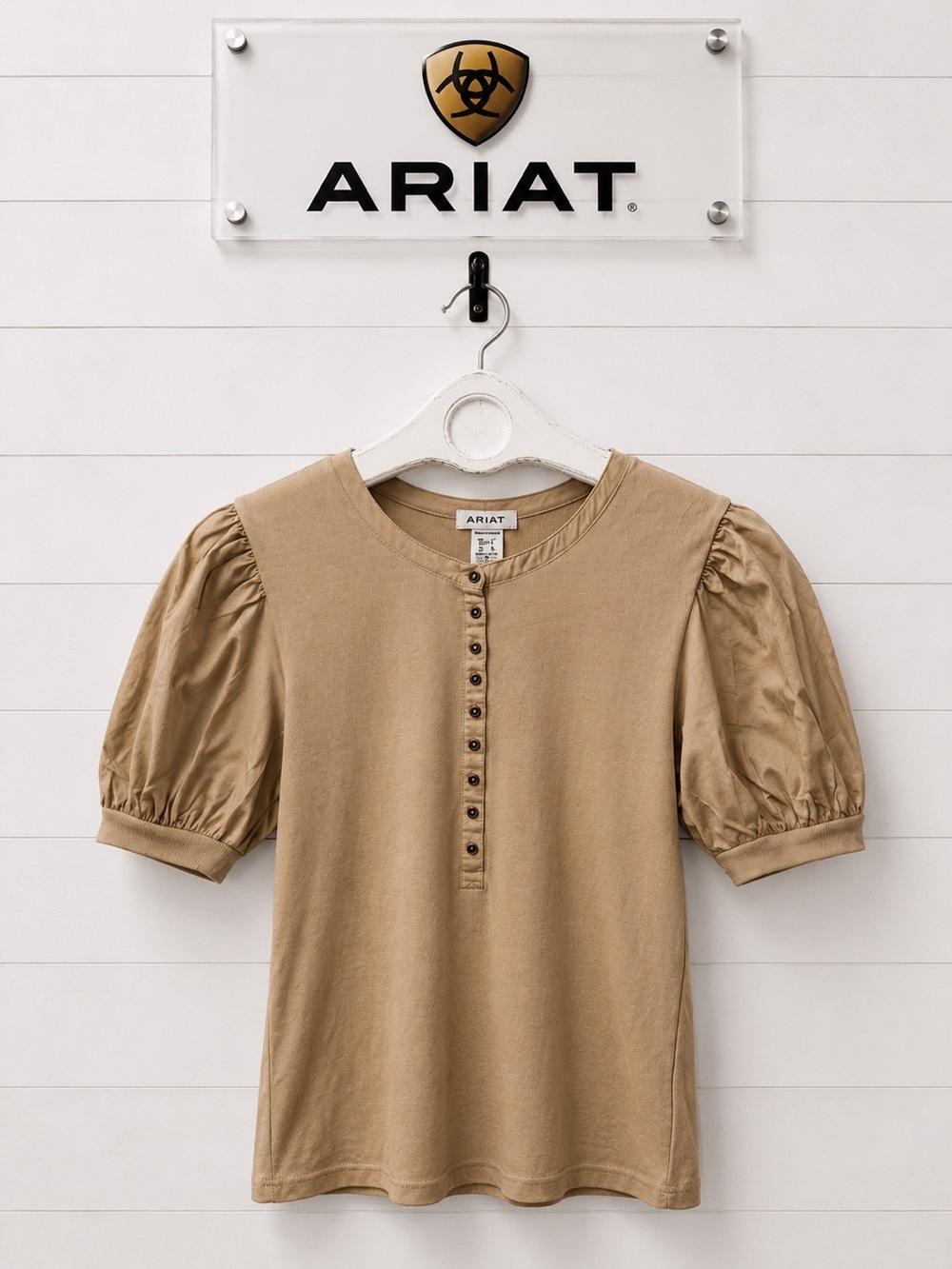 •ARIAT Puff Sleeve Henley Top Beige Size Small